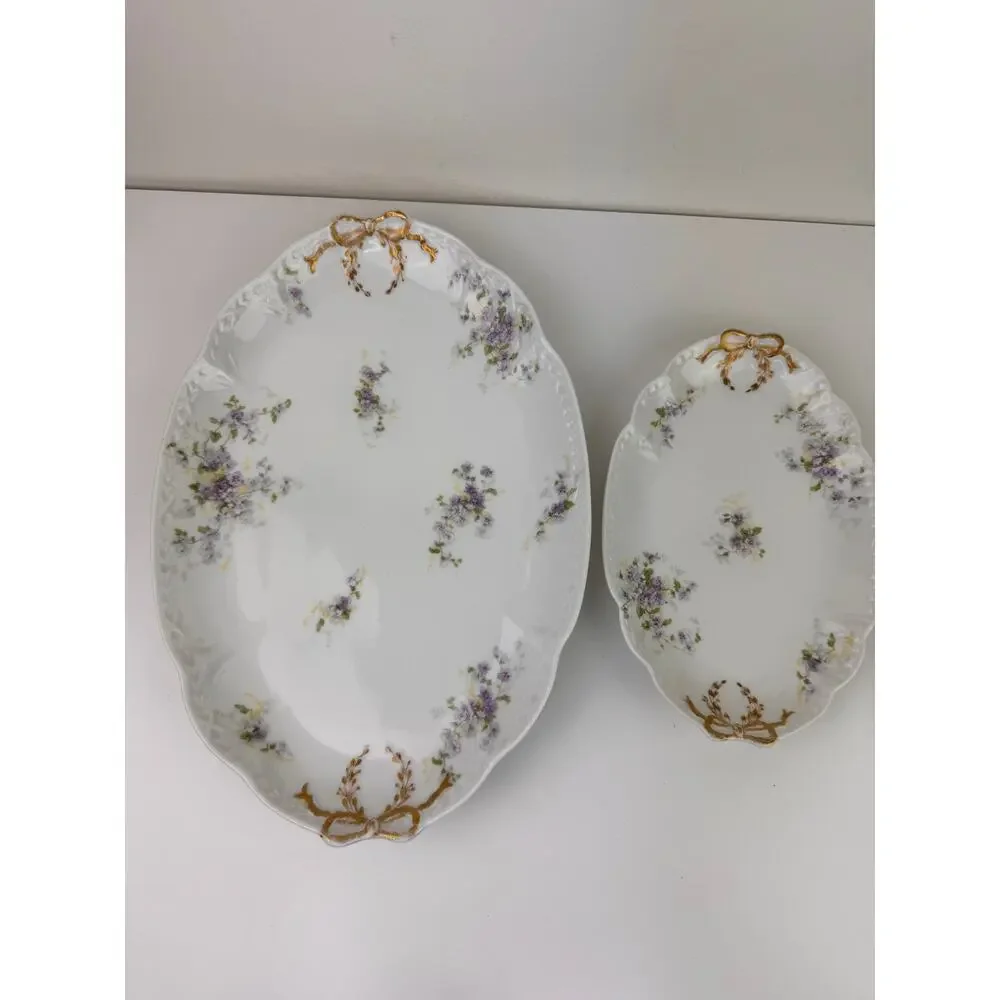 2 LIMOGES Antique CH Field Haviland Purple Flower Gold Accent Scalloped Platters